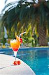 Ein Tequila Sunrise durch einen Pool mit einem Plam-Baum im Hintergrund