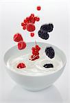 Berries falling into a bowl of yogurt