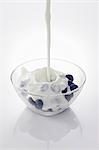 Yogurt being poured over blueberries