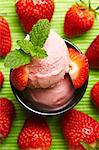 Strawberry ice cream with fresh strawberries and mint