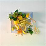 Lemons and limes with leaves on a square plate