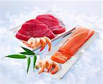 Tuna fish fillets, salmon fillets and shrimp