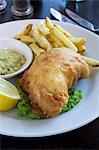 Fish and chips with mushy peas and tartar sauce