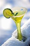 Lime Martini in Fun Stem Glass with Lime Garnish; On Snowy Railing