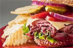 Roast Beef Sandwich with American Cheese on Sesame Seed Bun; Potato Chips