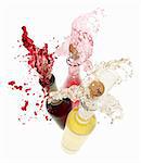 Wine spraying out of bottles (red wine, rose wine and white wine)