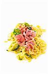 Ribbon noodles with ham, basil and truffles