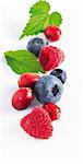 Raspberries, blueberries and cranberries with leaves