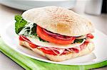 Salami and Cheese Sandwich with Lettuce, Tomato and Onion on Ciabatta Bread