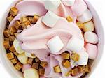 Strawberry yogurt ice cream with marshmallows and caramel cubes