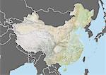 Relief map of China (with border and mask). This image was compiled from data acquired by landsat 5 & 7 satellites combined with elevation data.