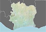 Plan-relief de la côte d'Ivoire (avec bordure et masque). Cette image a été compilée à partir de données acquises par les satellites landsat 5 & 7 combinées avec les données d'élévation.