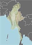 Plan-relief de Myanmar (avec bordure et masque). Cette image a été compilée à partir de données acquises par les satellites landsat 5 & 7 combinées avec les données d'élévation.