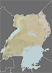 Plan-relief de l'Ouganda (avec bordure et masque). Cette image a été compilée à partir de données acquises par les satellites landsat 5 & 7 combinées avec les données d'élévation.