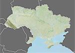 Plan-relief de l'Ukraine (avec bordure et masque). Cette image a été compilée à partir de données acquises par les satellites landsat 5 & 7 combinées avec les données d'élévation.