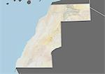 Carte du relief du Sahara occidental (avec bordure et masque). Cette image a été compilée à partir de données acquises par les satellites landsat 5 & 7 combinées avec les données d'élévation.