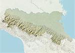 Plan-relief de la région d'Emilia Romagna, Italie. Cette image a été compilée à partir de données acquises par les satellites LANDSAT 5 & 7 combinées avec les données d'élévation.