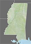 Relief map of the State of Mississippi, United States. This image was compiled from data acquired by LANDSAT 5 & 7 satellites combined with elevation data.