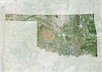 Satellite view of the State of Oklahoma, United States. This image was compiled from data acquired by LANDSAT 5 & 7 satellites.