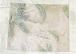 Reliefkarte von der State von Wyoming, USA. Dieses Bild wurde aus Daten von LANDSAT 5 & 7 Satelliten kombiniert mit Höhendaten erworbenen zusammengestellt.