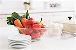 Fresh Vegetables And Eggs In Bowl With Plates And Wire Whisk