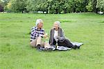 Older couple having wine at picnic