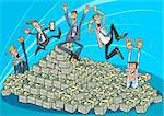 Cartoon Illustration of Happy Successful Businessmen and heap of money