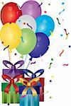 Happy Birthday Presents Balloons and Confetti Illustration