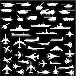 Vector set of aircraft, armored ships and guns.