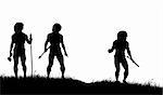 Editable vector silhouettes of three cavemen hunters with spears tracking animals