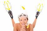 A picture of a young woman with snorkeling equipment smiling over white background