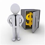 3d businessman in front of open safe with dollar sign