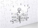 3d person holding puzzle piece about to complete vertical white puzzle
