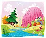 Fantasy landscape on the riverside. Vector illustration.