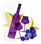 Vector illustration  of a bottle, wineglassses and grape