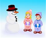 Two small children who are     standing and looking at snowman.