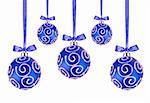 Blue Christmas balls with bows on white background