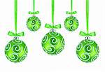 Green Christmas balls with bows on white background