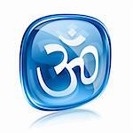 Om Symbol icon blue glass, isolated on white background.