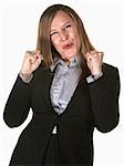 Excited pretty businesswoman with clenched fists over white background