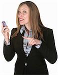 Pretty businesswoman over white background points to her mobile phone