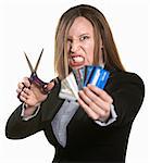 Angry woman with scissors and hand full of credit cards