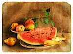 Still Life with Fruit on the background of burlap.  Old postcard, design in grunge and retro style