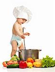 Little boy in chef's hat with ladle, casserole, and vegetables on white background