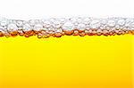 close up shot of yellow beer with foam and bubbles  on white background