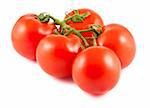Five red tomatoes on the branch isolated over white background