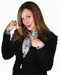 Pretty businesswoman over white background with hands in telephone gesture