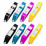 Ink cartridges with different colors over white background
