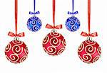 Red and Blue Christmas balls with bows on white background