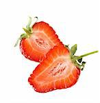 Fresh juicy strawberry cut in half on a white background.